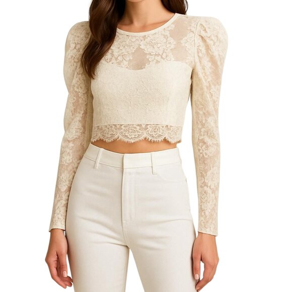 Lulus Women's Ivory Lace Long Puff Sleeve Cropped Blouse Size XL NWT - Picture 1 of 15